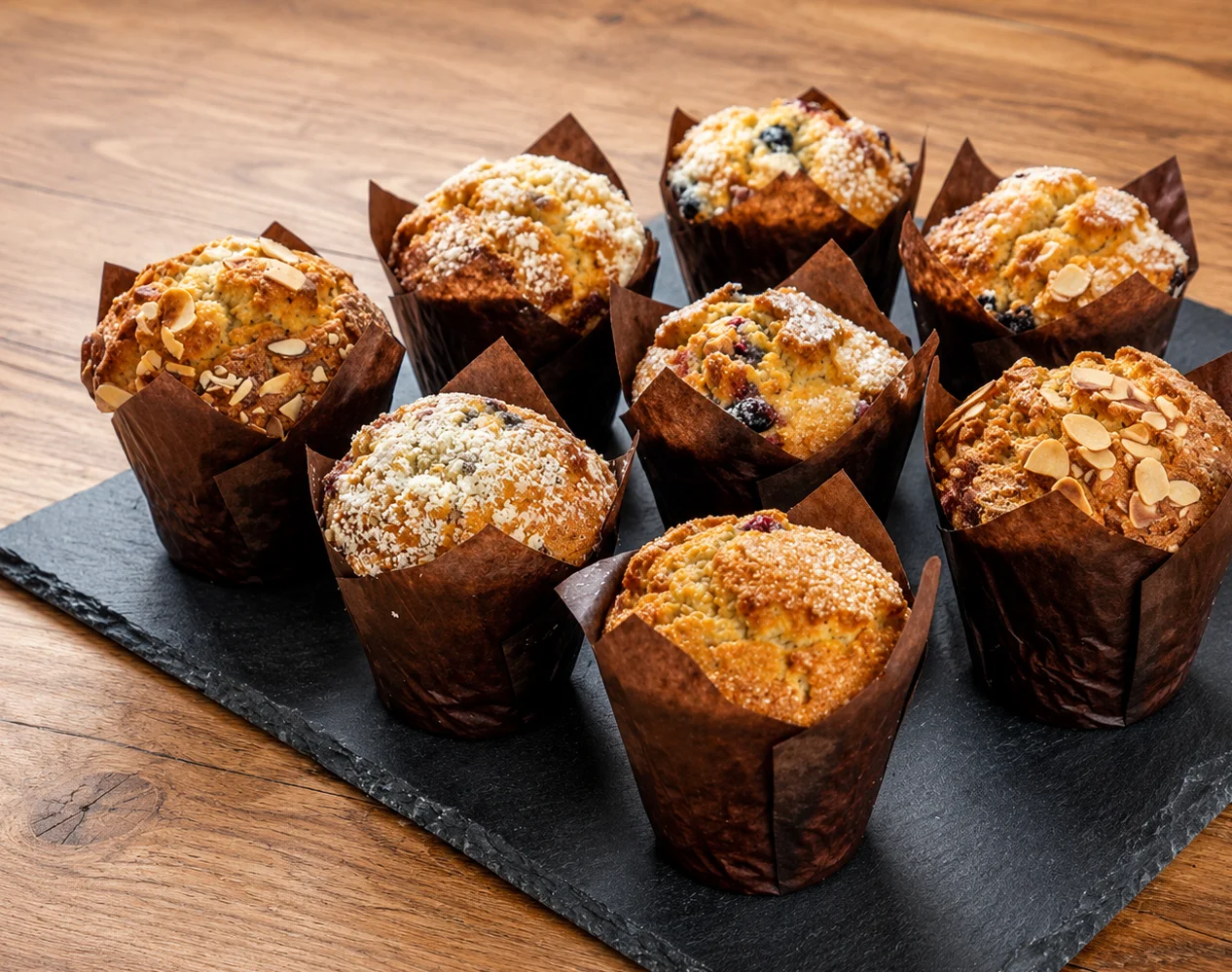 Freshly baked muffins with various toppings on a slate platter.