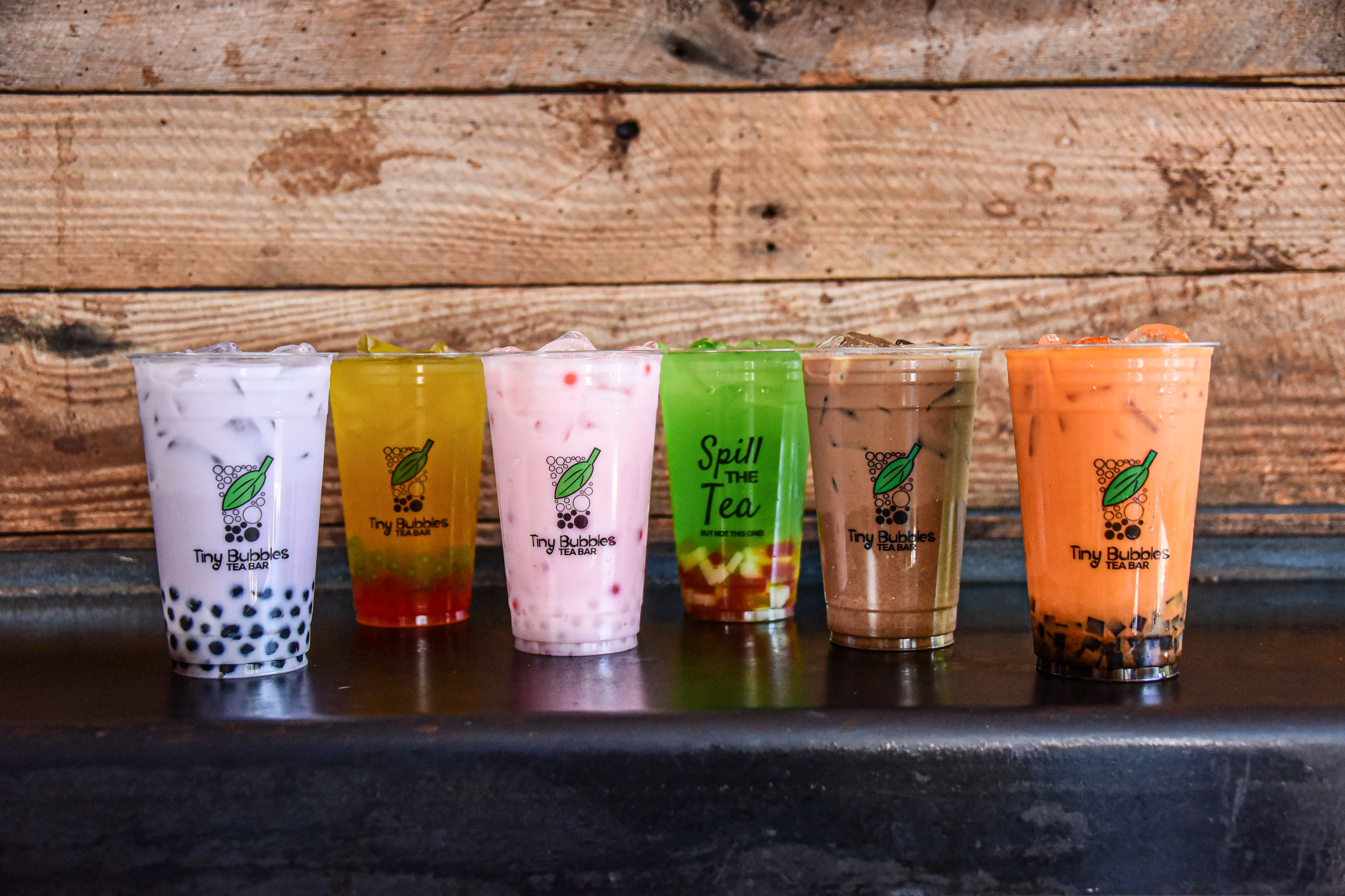 Colorful bubble tea drinks at Tiny Bubbles Tea Bar