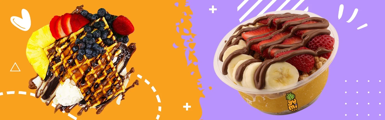 Delicious Belgian waffles topped with fresh fruit and chocolate drizzle