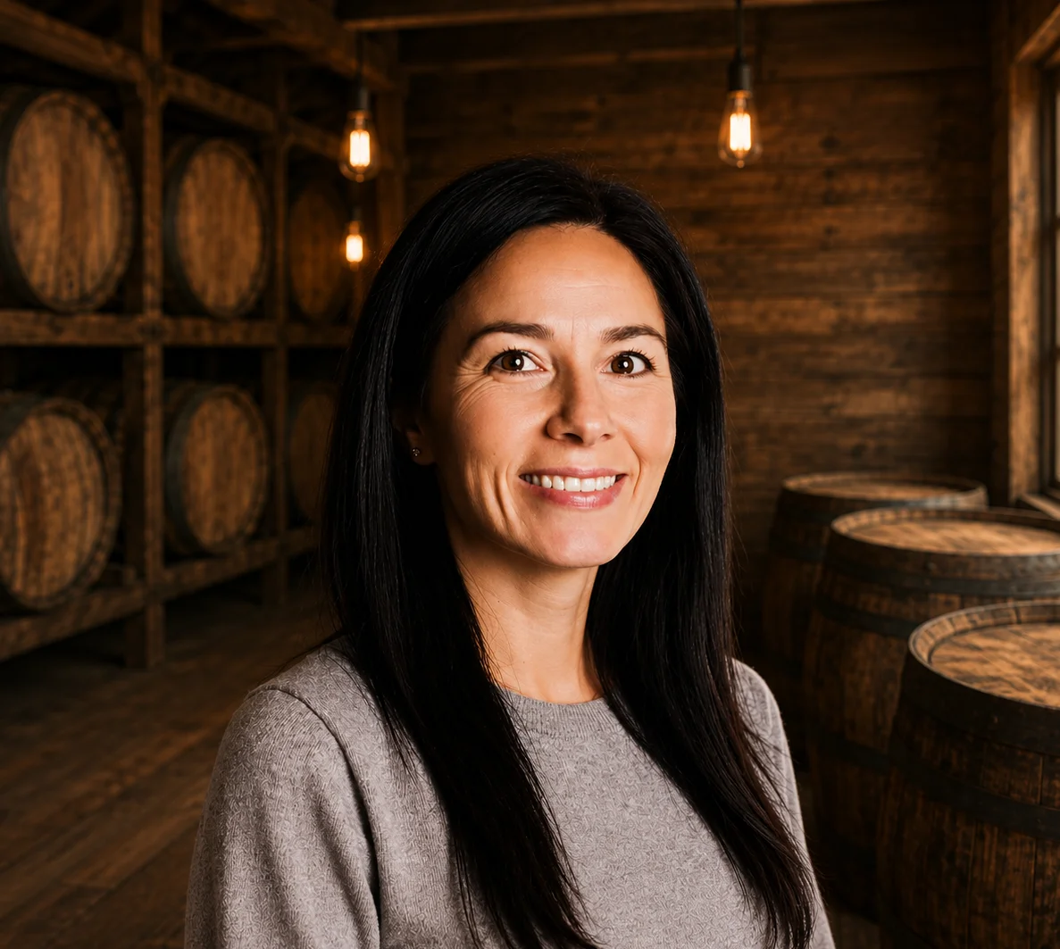 Professional woman smiling in a modern restaurant setting