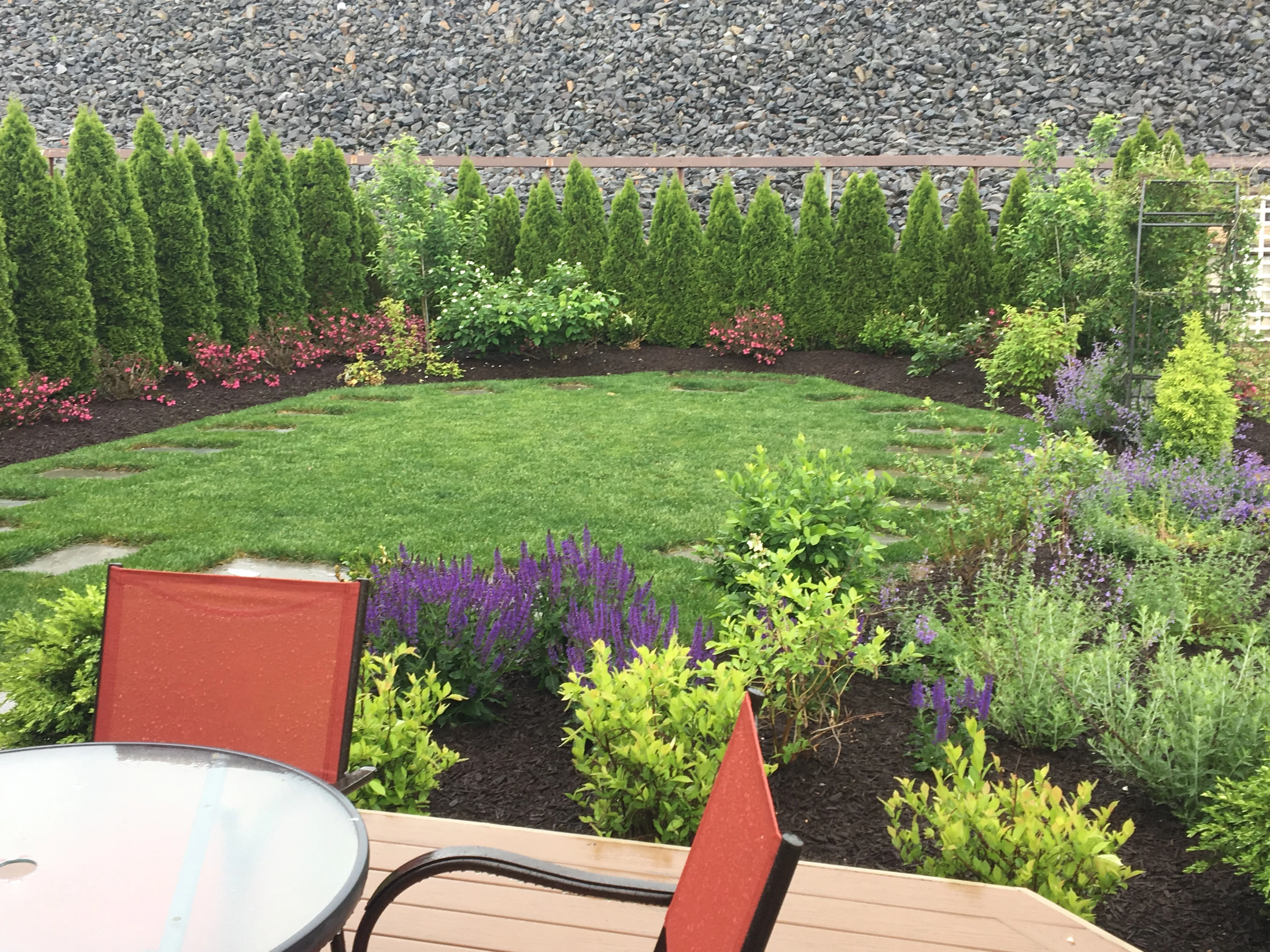 Lush garden landscape with vibrant flowers and greenery