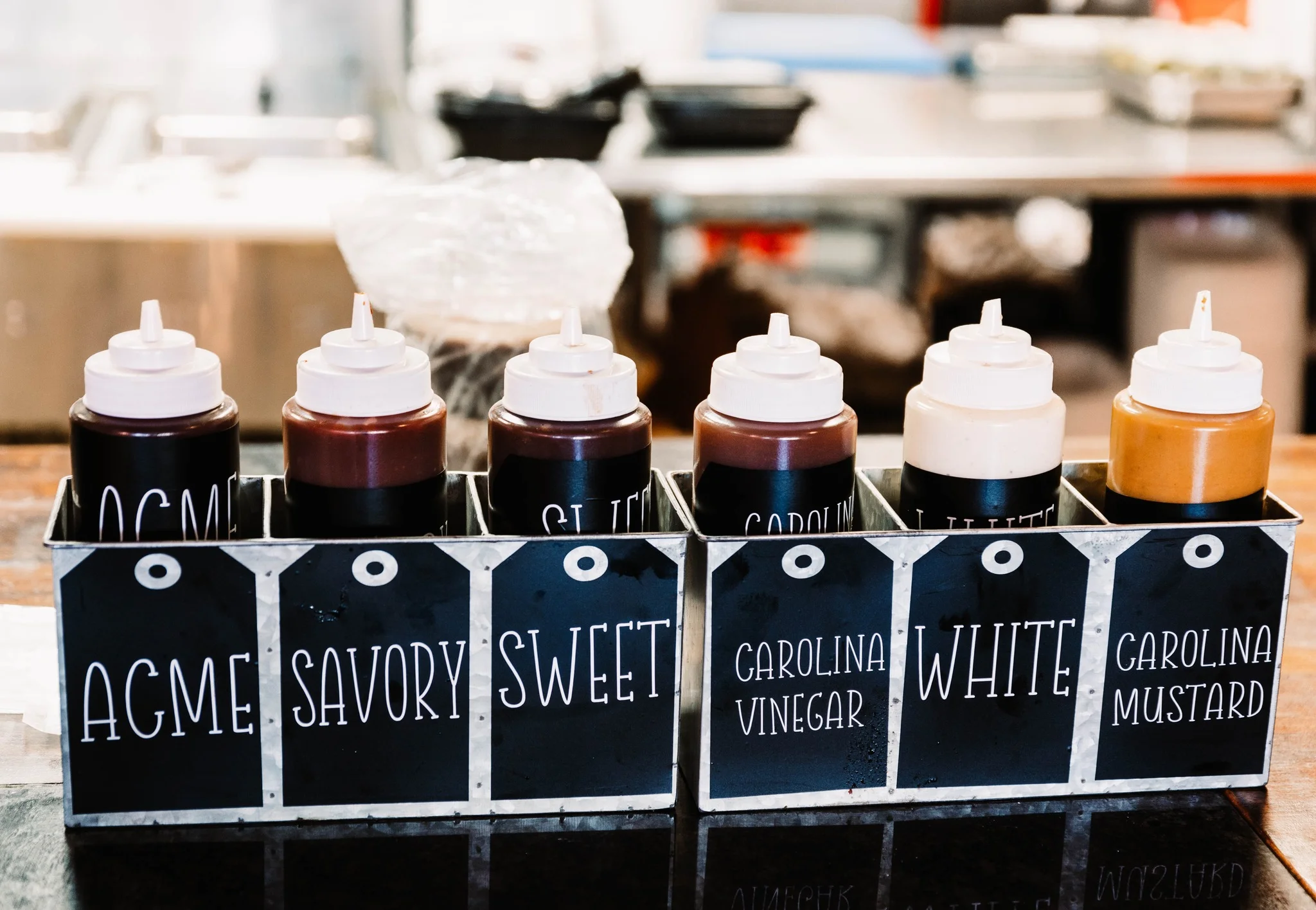 Variety of barbecue sauces in squeeze bottles