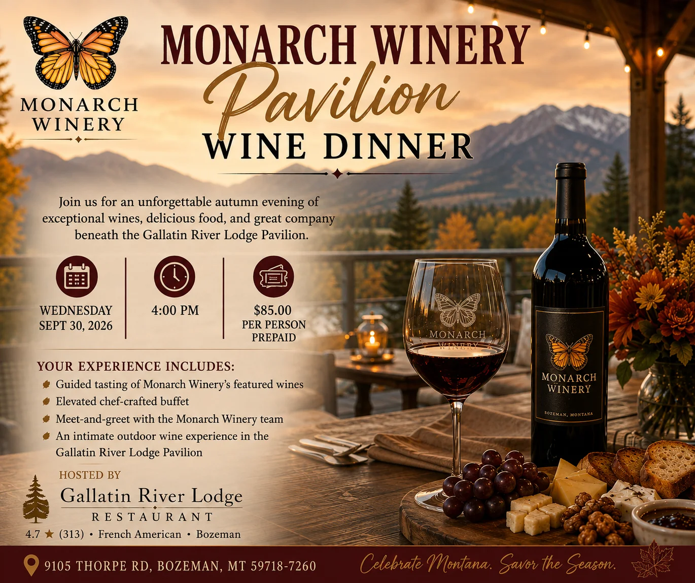 Elegant wine dinner setup at Gallatin River Lodge Pavilion