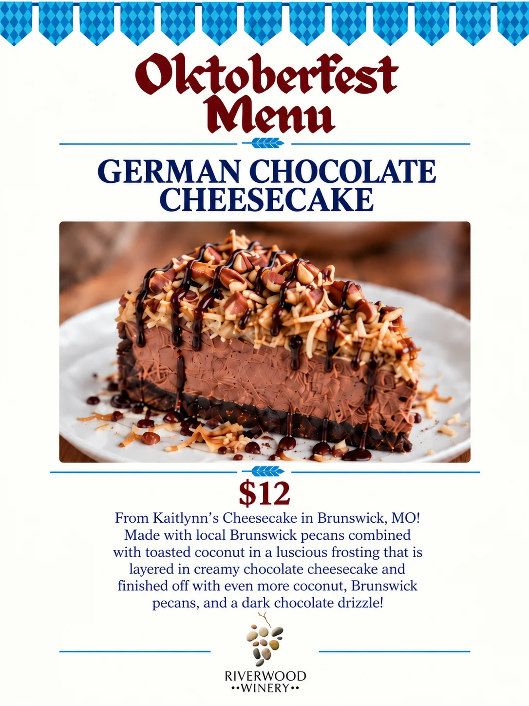German chocolate cheesecake with coconut and pecans on a decorative plate