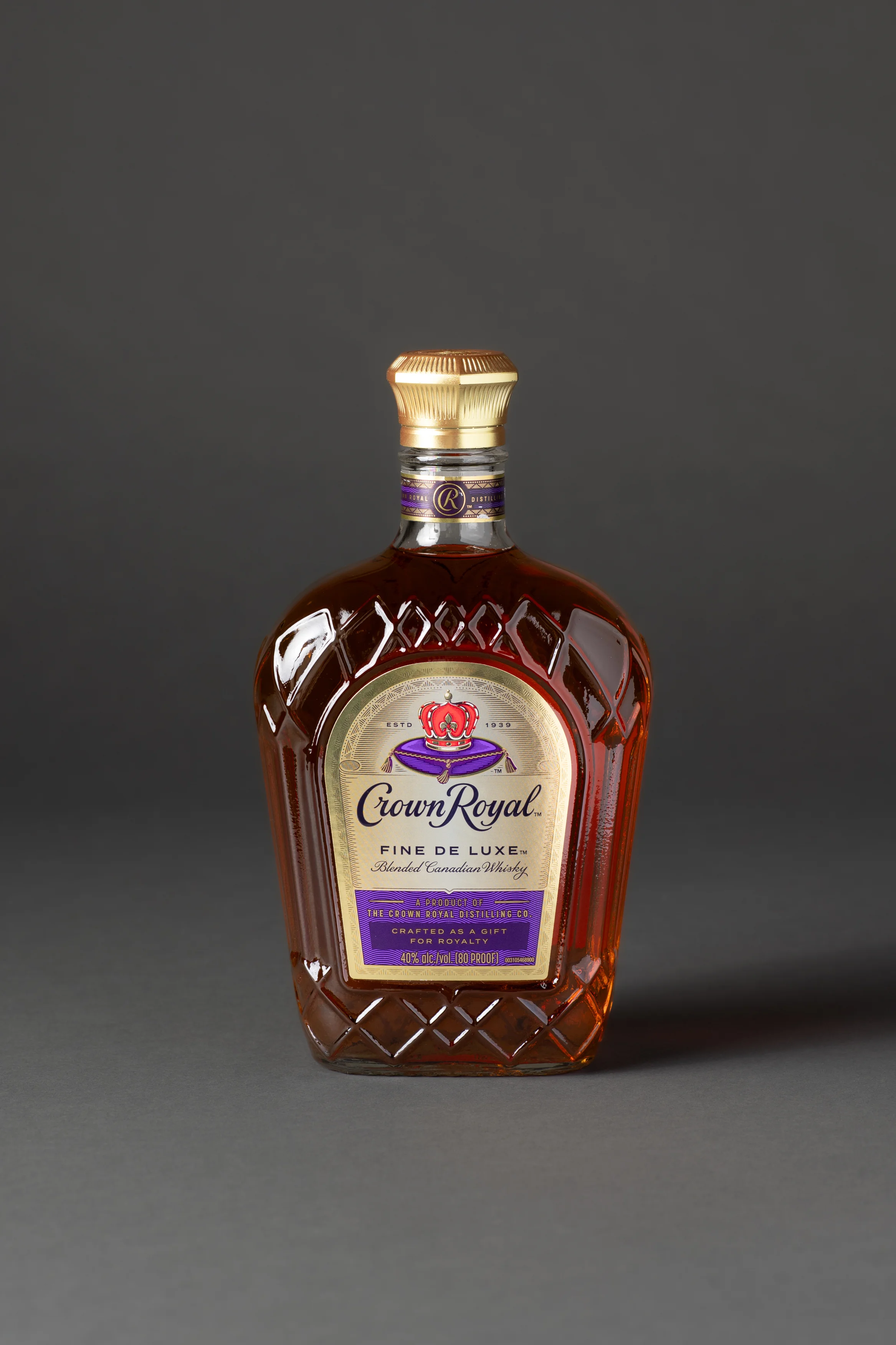 Bottle of Crown Royal Fine De Luxe blended Canadian whisky
