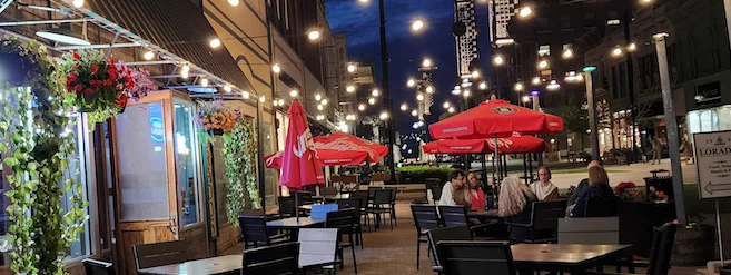 Charming outdoor dining area with string lights
