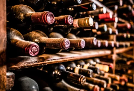 Wine bottles neatly arranged on wooden shelves