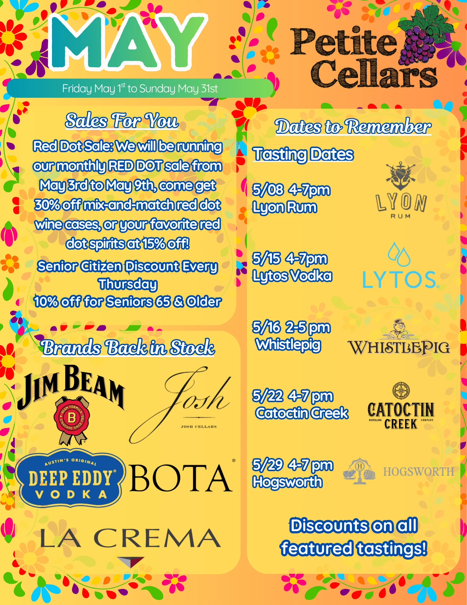 Promotional flyer for Petite Cellars with sales and tasting dates for May.