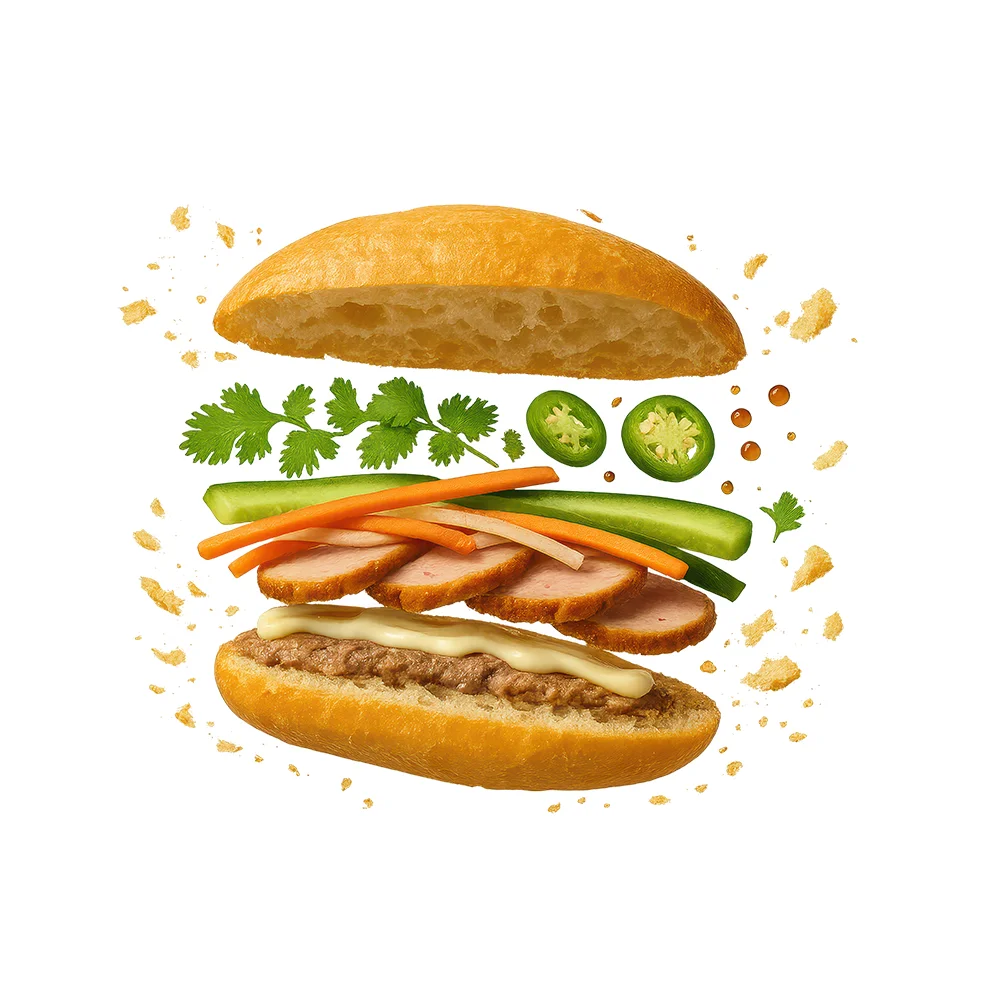 Vietnamese banh mi sandwich with fresh herbs and meats