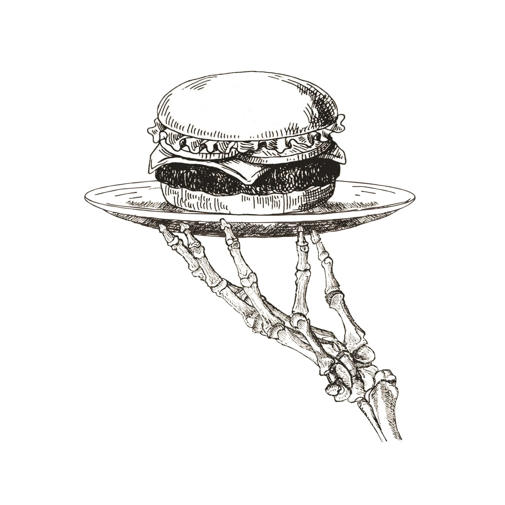 Artistic illustration of a hamburger on a skeleton hand platter