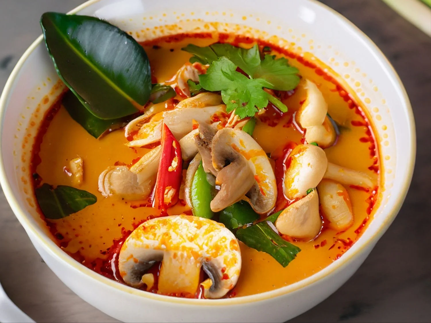 Thai tom yum soup with mushrooms and fresh herbs in a bowl