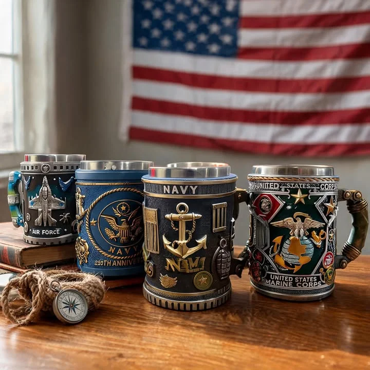 A collection of decorative mugs representing military branches, positioned on a wooden table with a backdrop of an American flag.