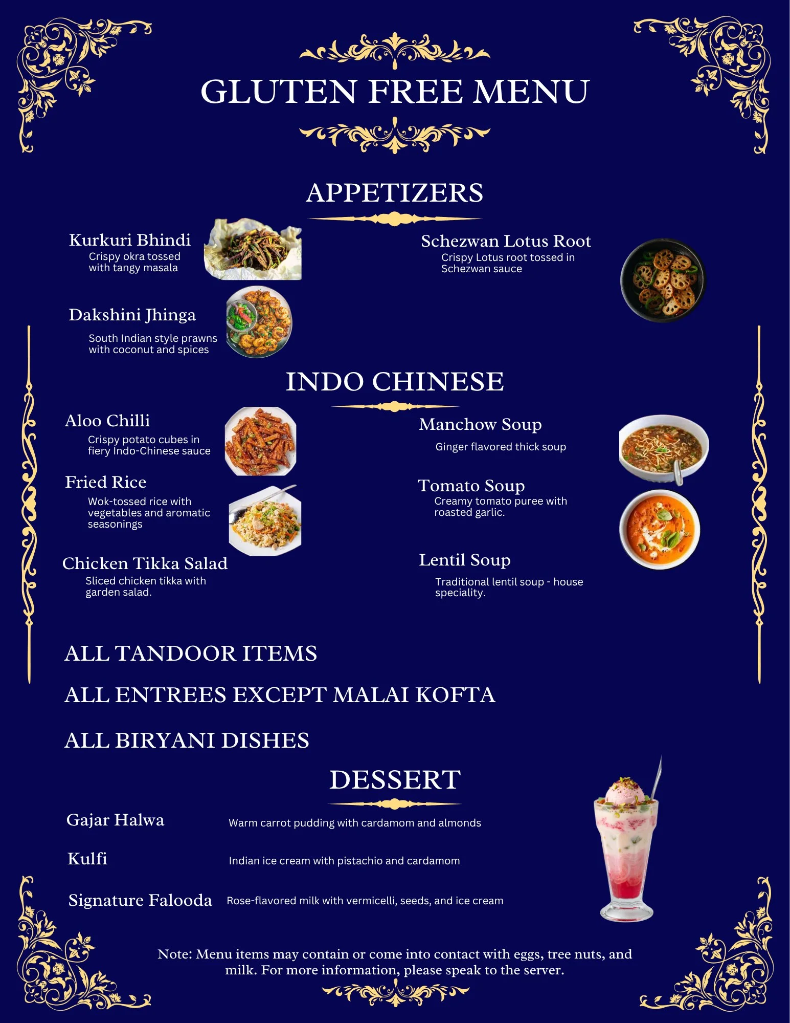 Saffron Darbar gluten-free Indian menu, Sandy Springs GA: appetizers, Indo-Chinese, tandoor, biryani and desserts