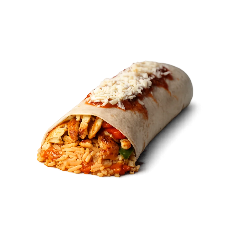 Delicious chicken burrito with rice and cheese