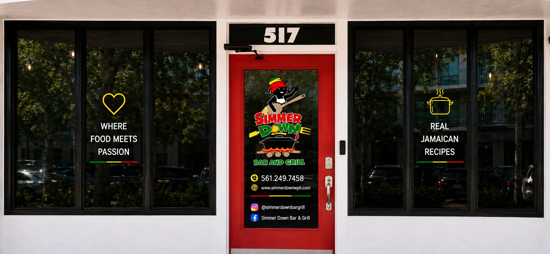 Simmer Down restaurant entrance in West Palm Beach, with a red door and branded windows.