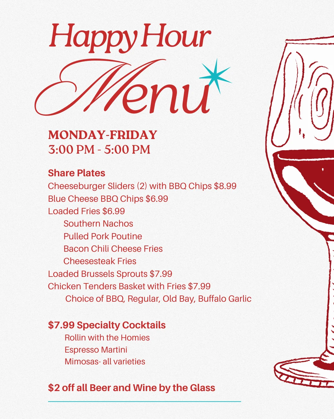 Happy Hour menu featuring share plates and cocktails
