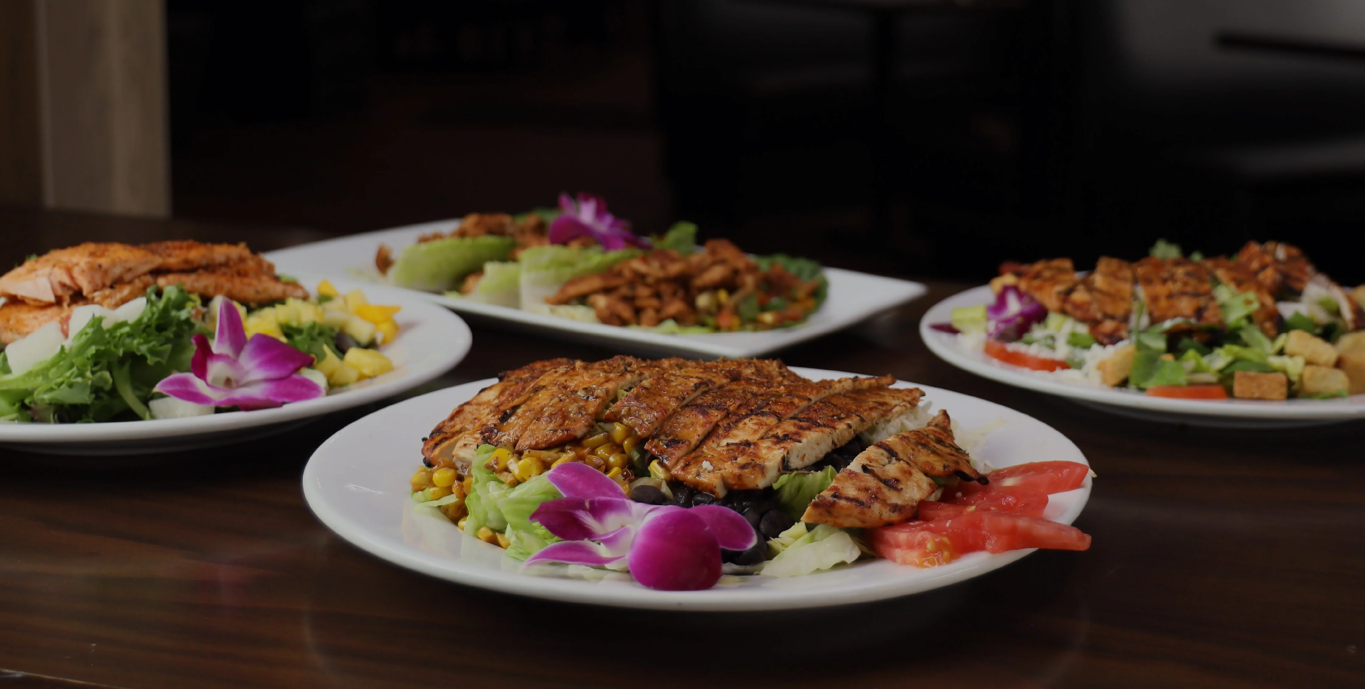 Grilled chicken salad with vibrant garnishes