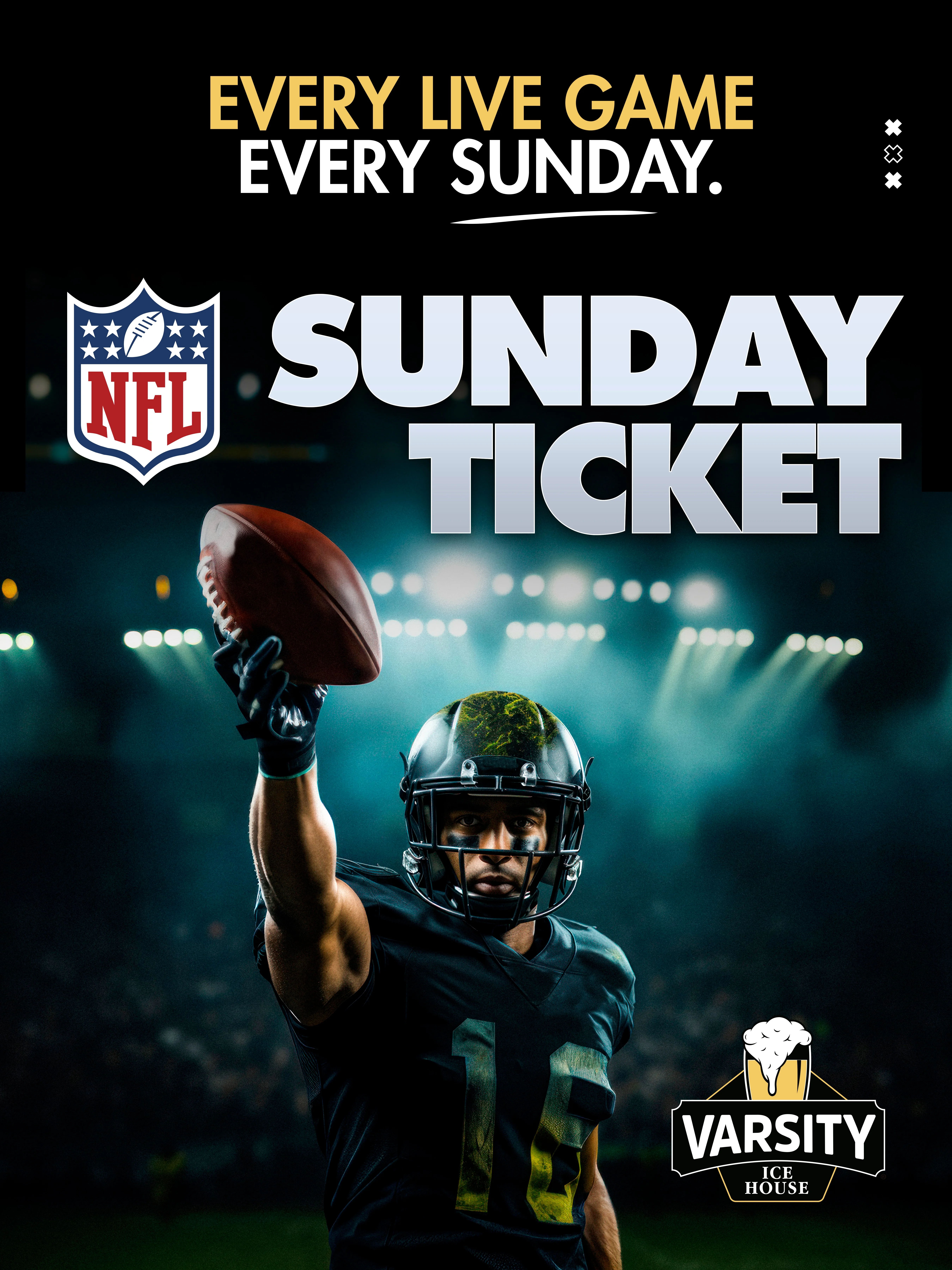NFL Sunday Ticket showing live at Varsity Ice House. Minnesota Vikings, Green Bay Packers, Kansas City Chiefs, Pittsburgh Steelers, Dallas Cowboys, Chicago Bears, Bengals