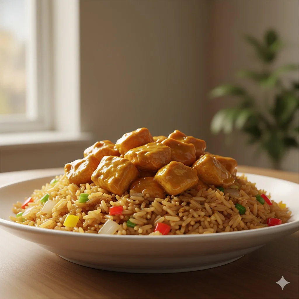 Sweet and sour chicken over fried rice