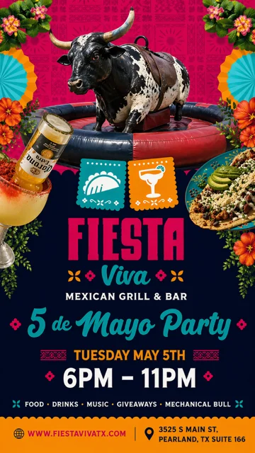 Vibrant 5 de Mayo party poster for a Mexican grill and bar