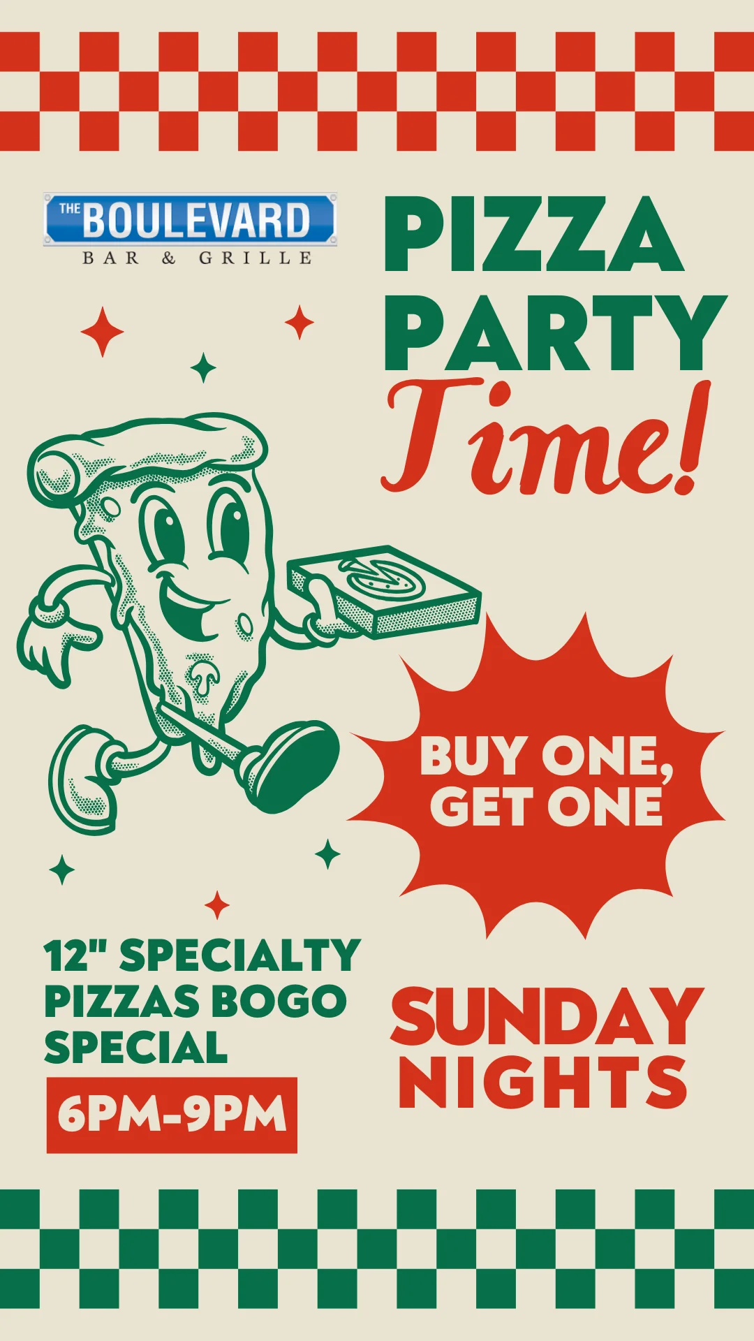 Pizza party promotion for buy one, get one specialty pizzas
