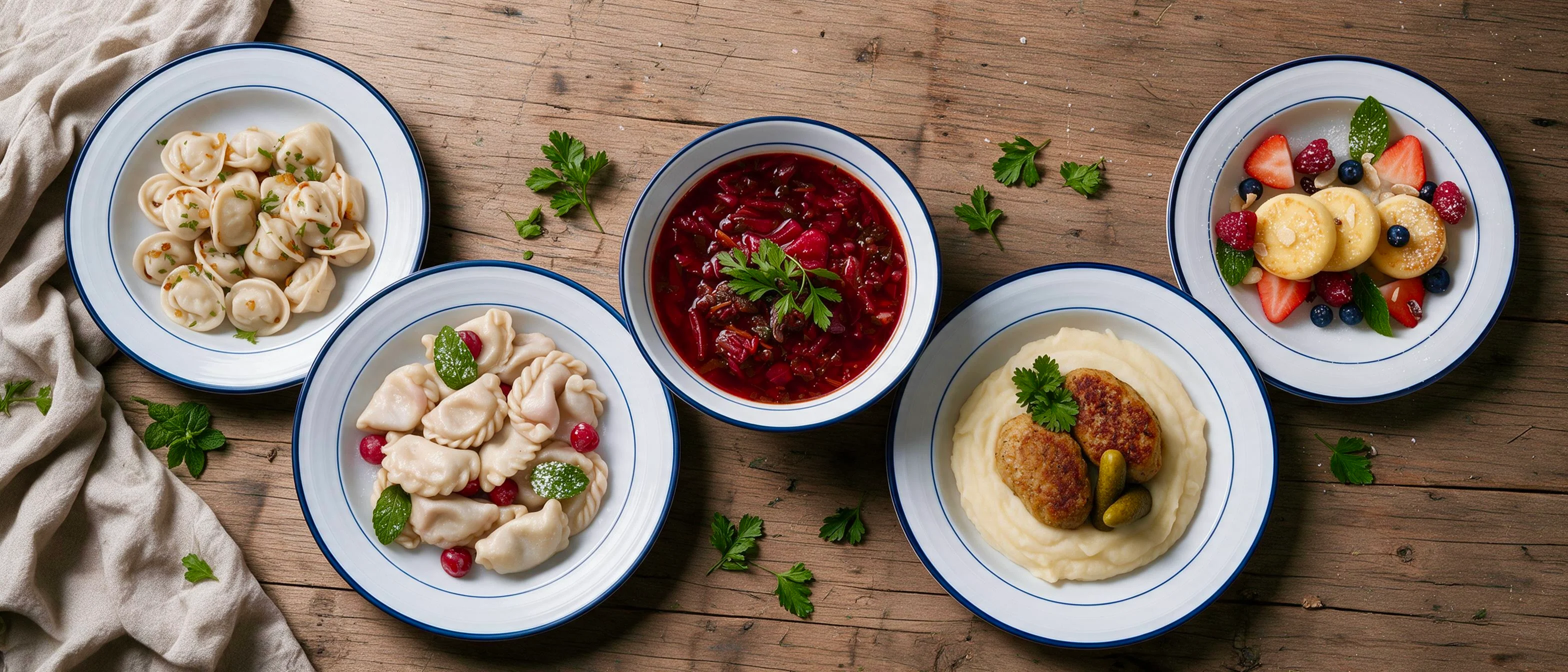 Traditional German sausages with mashed potatoes and pickles