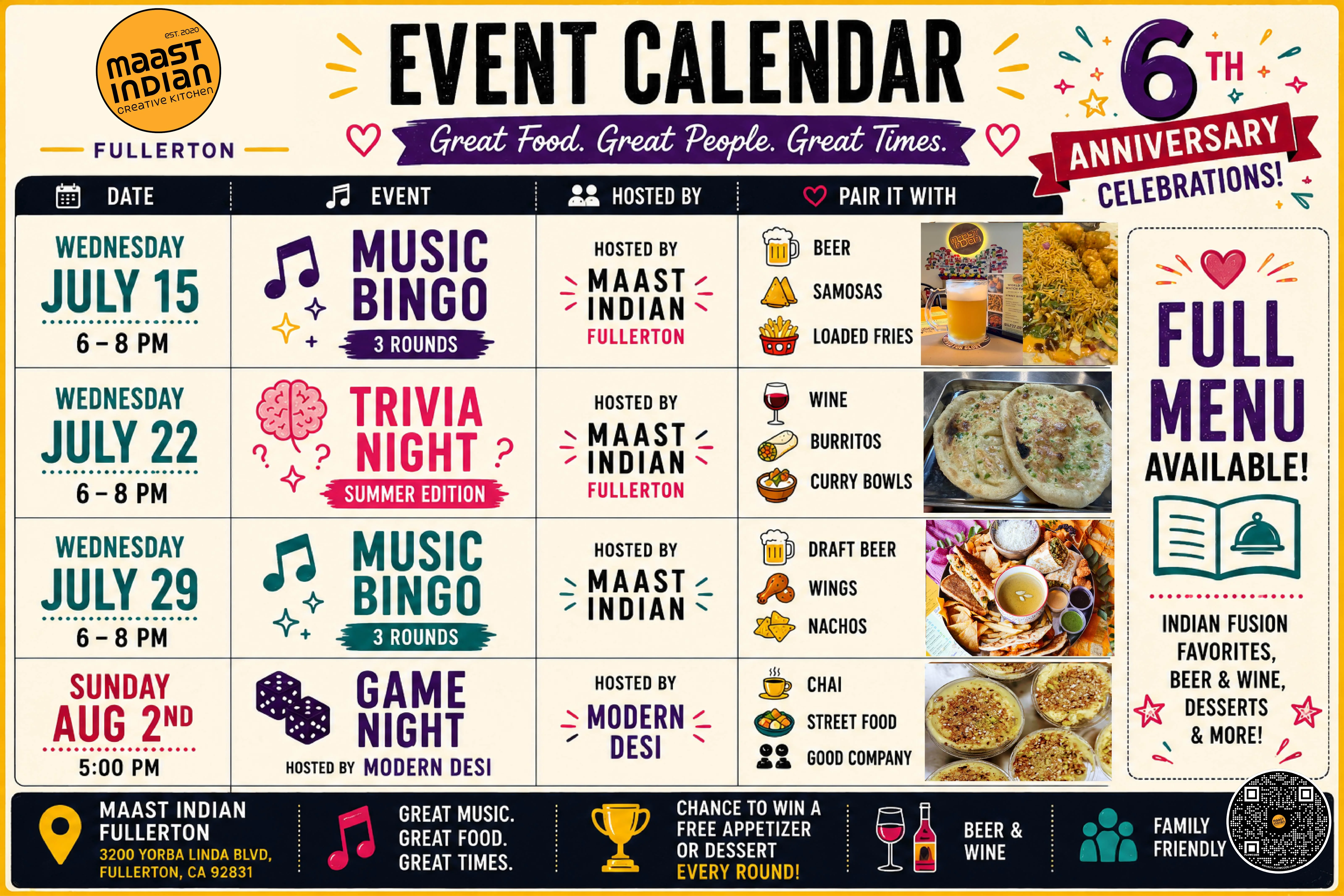 Event calendar for Maast Indian restaurant's anniversary celebrations