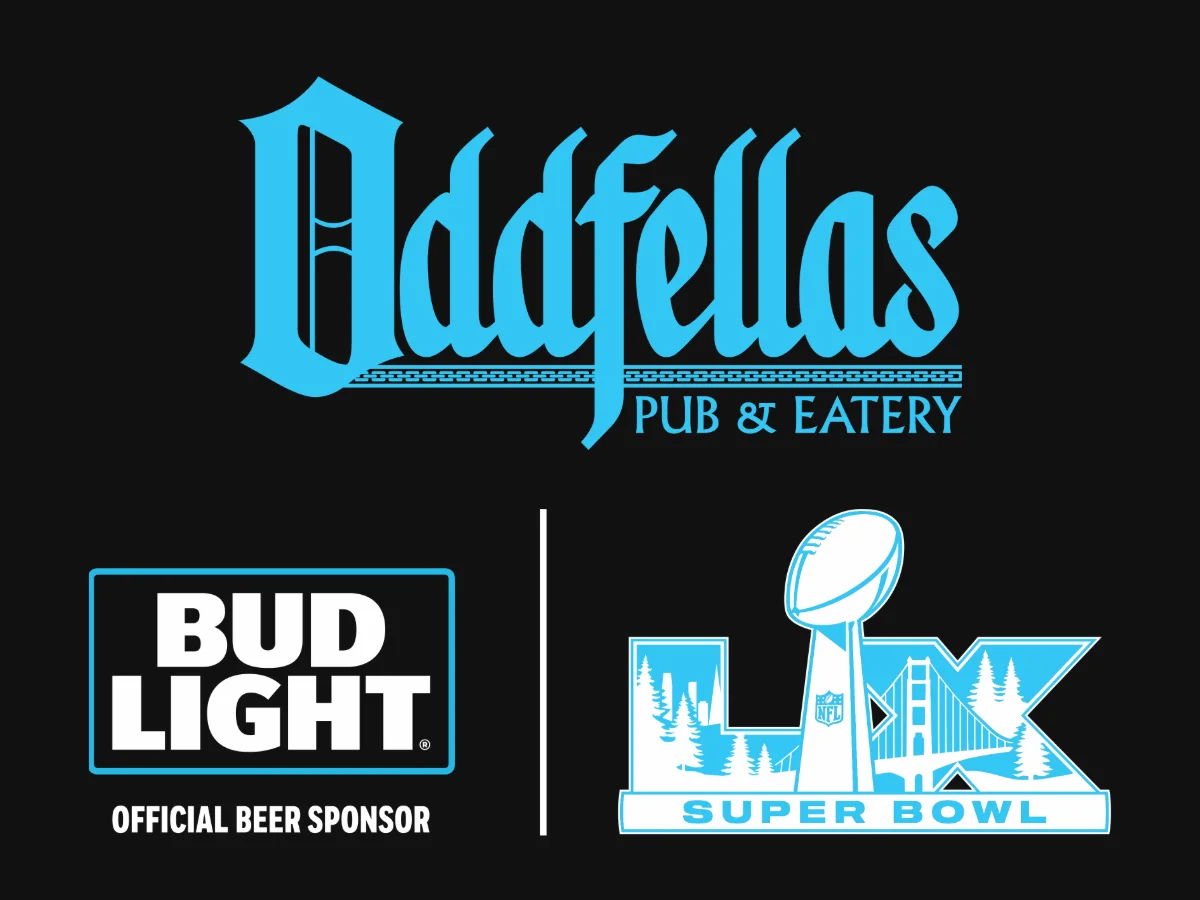 Logo of Oddfellas Pub & Eatery with Super Bowl branding