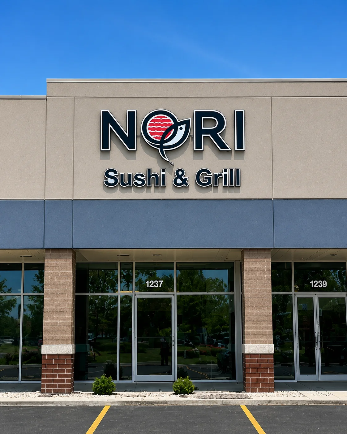 Exterior of Nori Sushi & Grill restaurant with modern signage