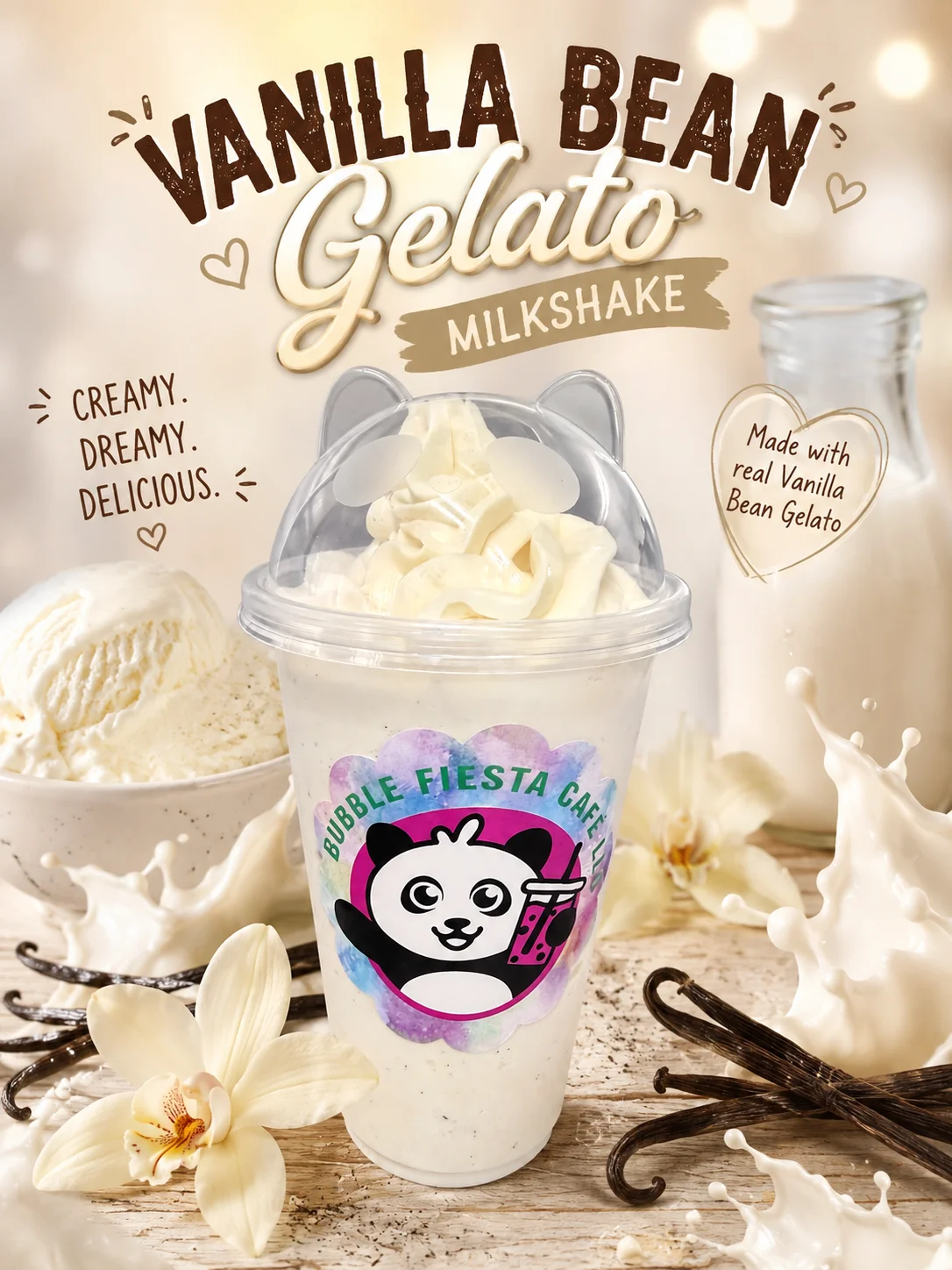 Vanilla bean gelato milkshake in a playful cup