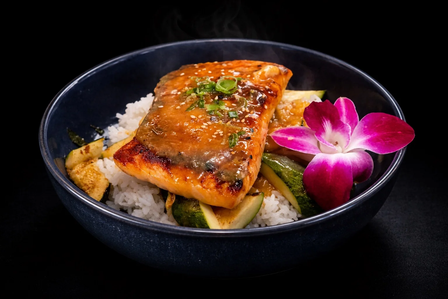 Grilled teriyaki salmon rice bowl with vegetables