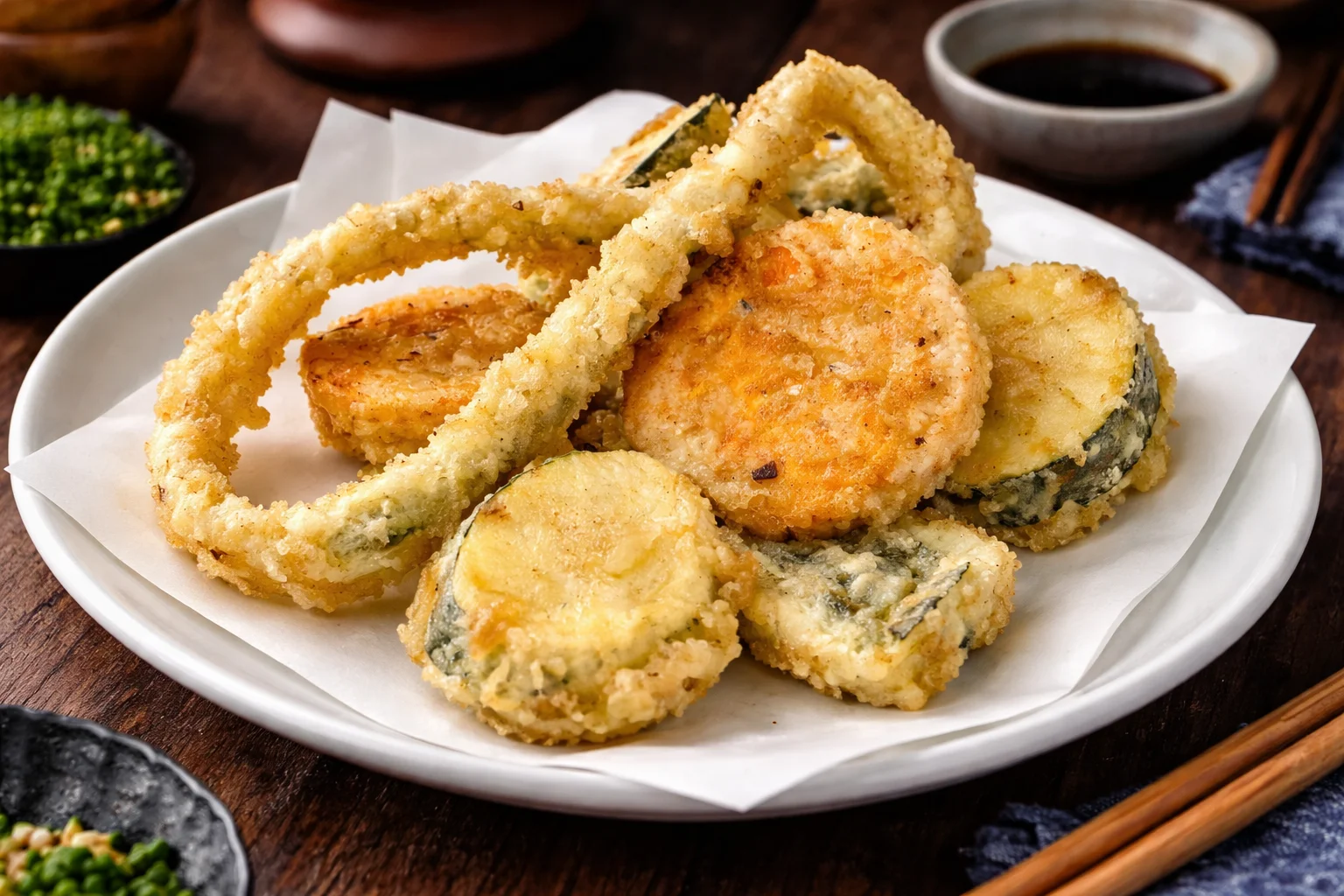 Plate of crispy vegetable tempura with a variety of colorful vegetables.