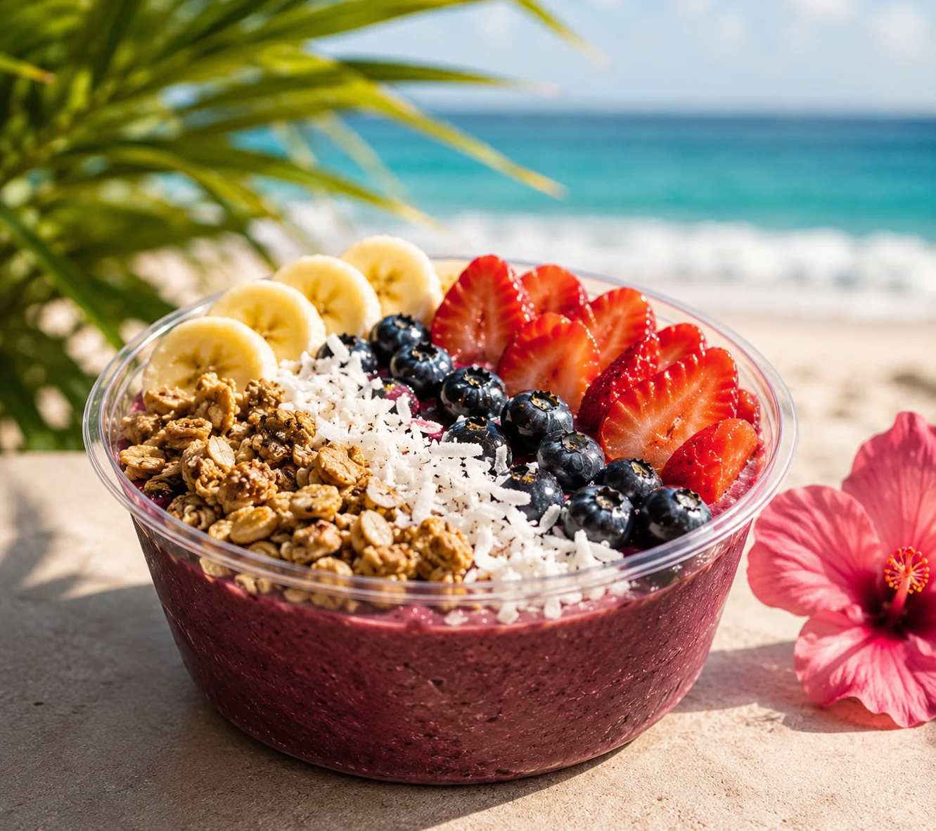 A colorful acai bowl layered with various toppings including strawberries, blueberries, and granola in a clear cup.