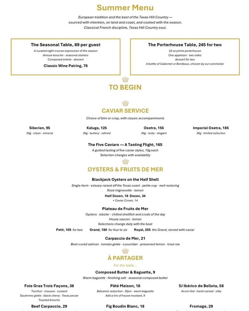 Elegant summer menu featuring caviar and seafood dishes