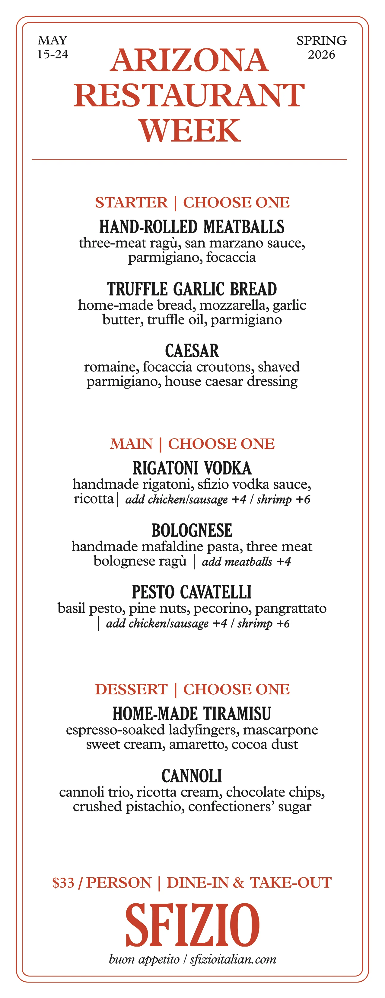 Menu for Arizona Restaurant Week at Sfizio featuring starters, mains, and desserts.