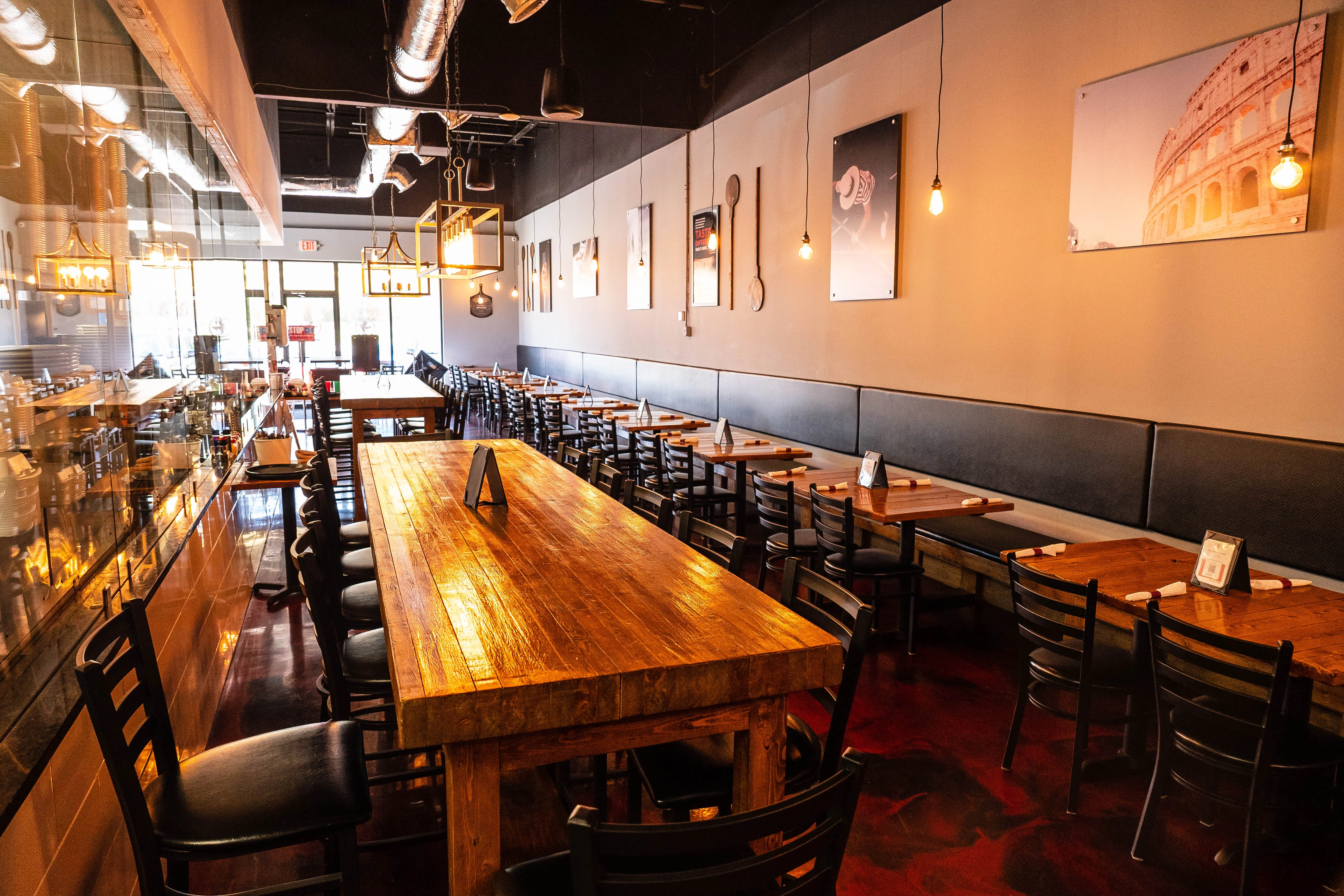 Cozy restaurant interior with wooden tables and warm lighting