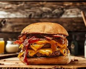 Juicy cheeseburger with bacon and barbecue sauce