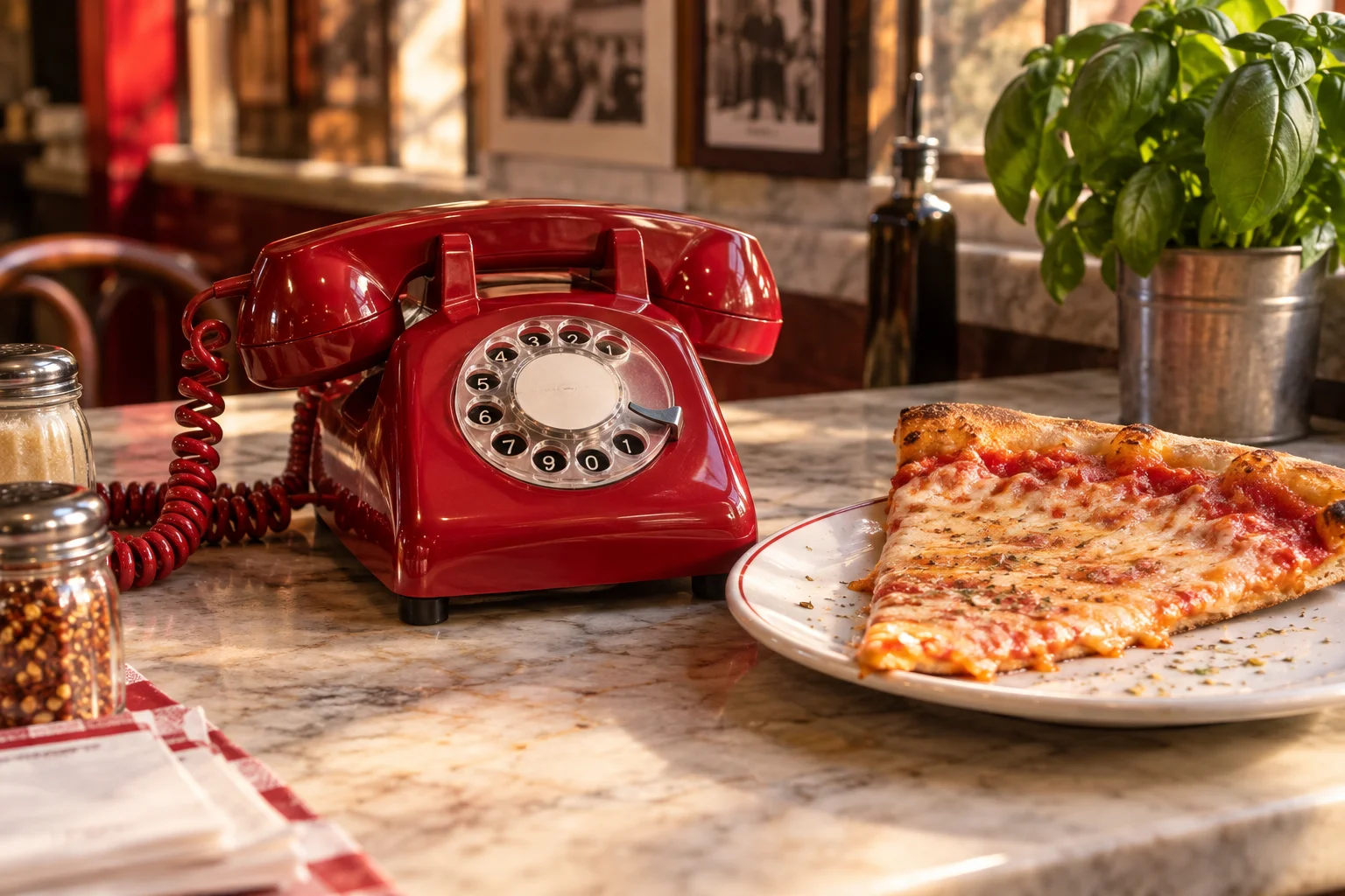 Red telephone beside a fresh pizza slice