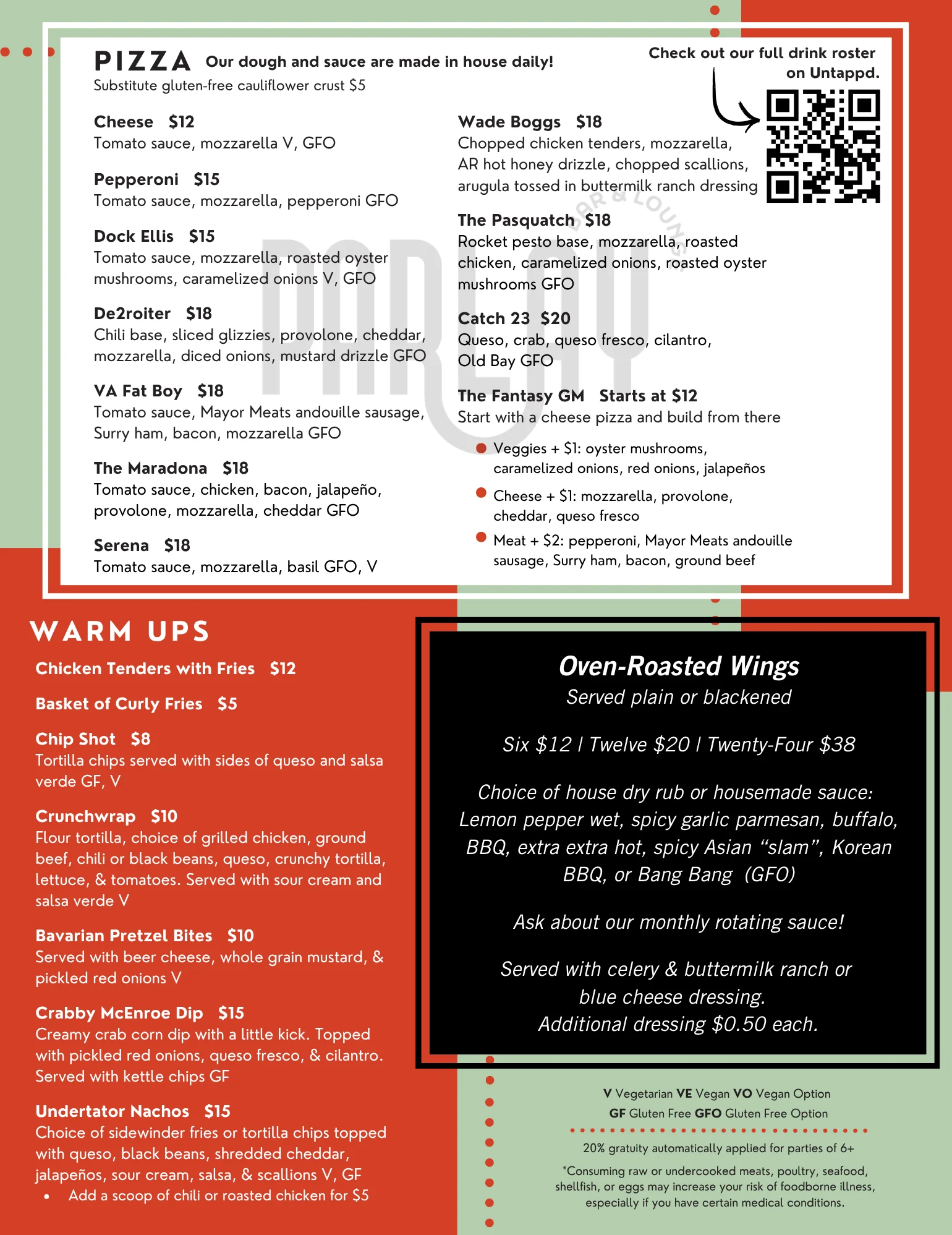 Menu featuring a variety of pizzas and warm appetizers