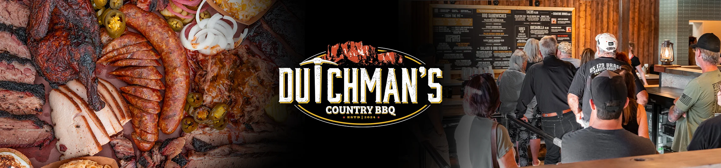 Dutchmans Logo with a photo of a table spread of proteins and an image of customers in line