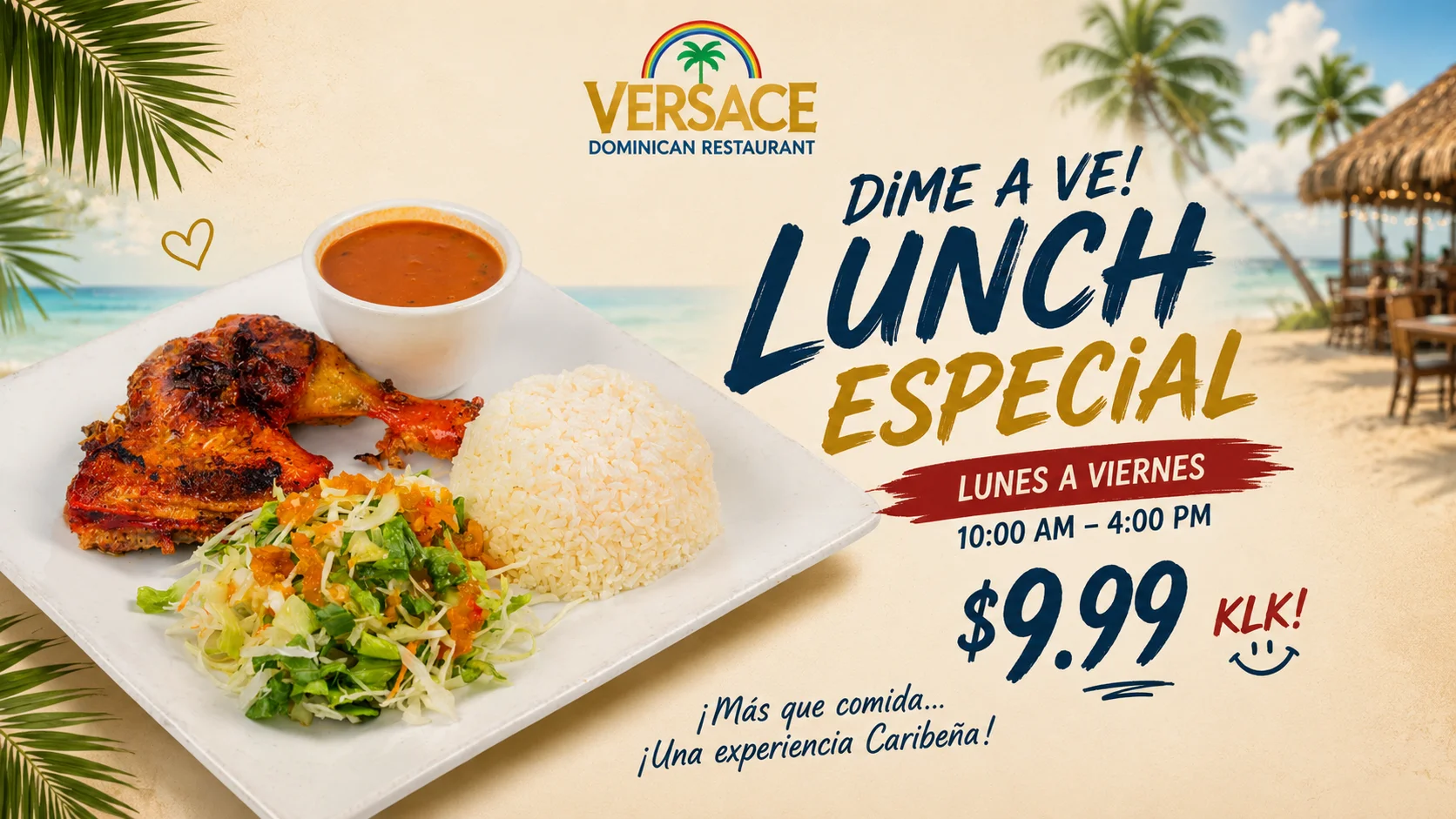 Lunch special at Versace Dominican Restaurant with rice, beans, and chicken.