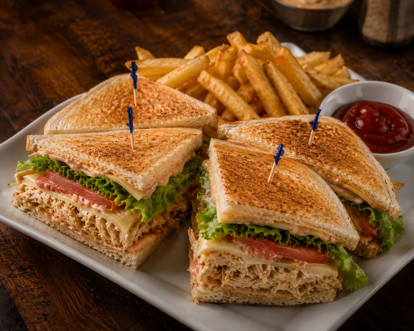 A plate with toasted sandwiches filled with shredded chicken, lettuce, and tomatoes, served with fries and ketchup.