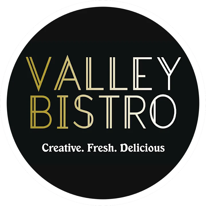 A logo featuring the text 'Valley Bistro' in an elegant font, accompanied by the tagline 'Creative. Fresh. Delicious.' The design is set against a black background.