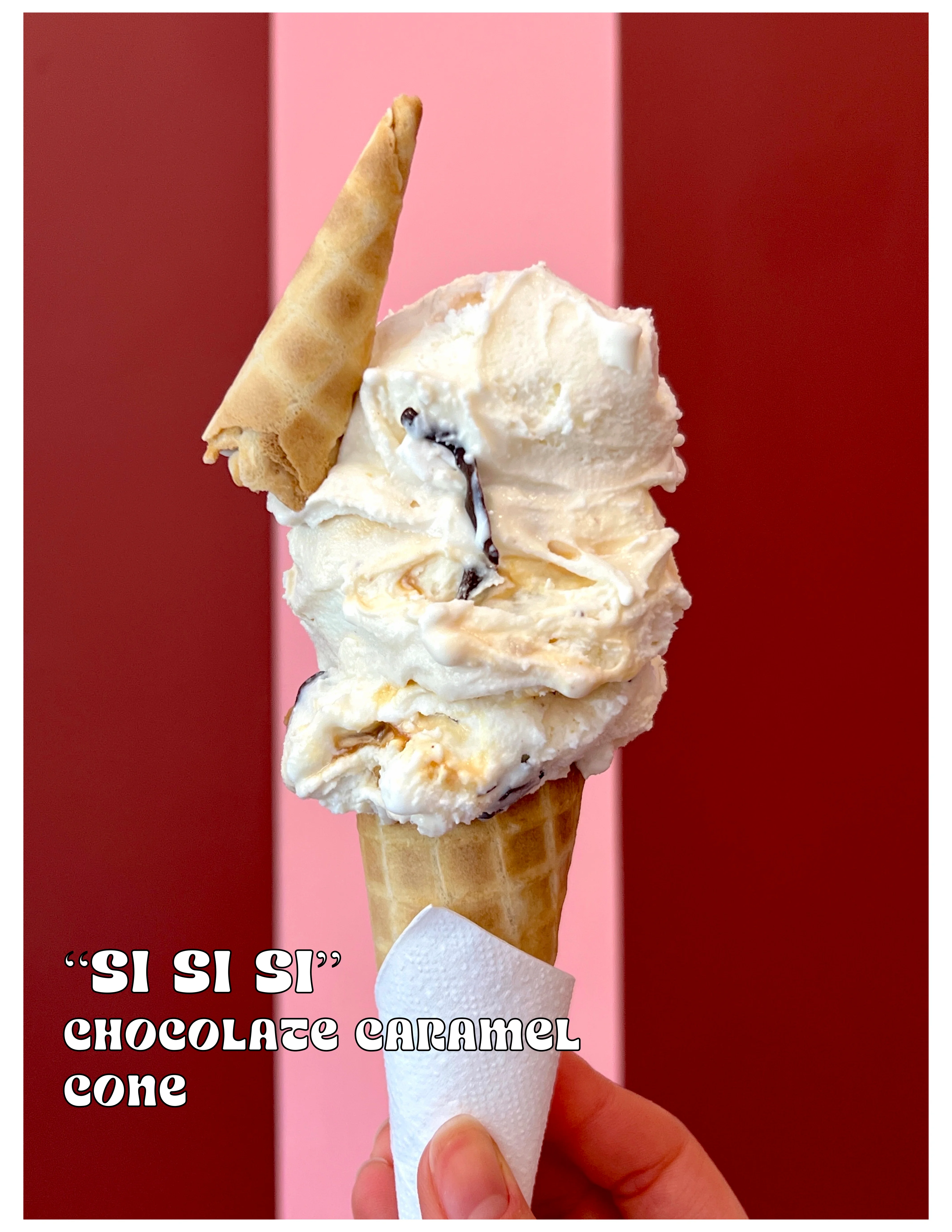 Delicious chocolate caramel ice cream cone with a whimsical twist
