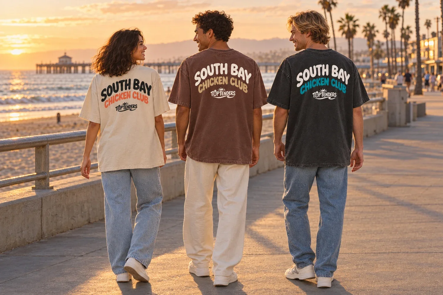 Three friends in South Bay Chicken Club shirts walking a beach boardwalk at sunset