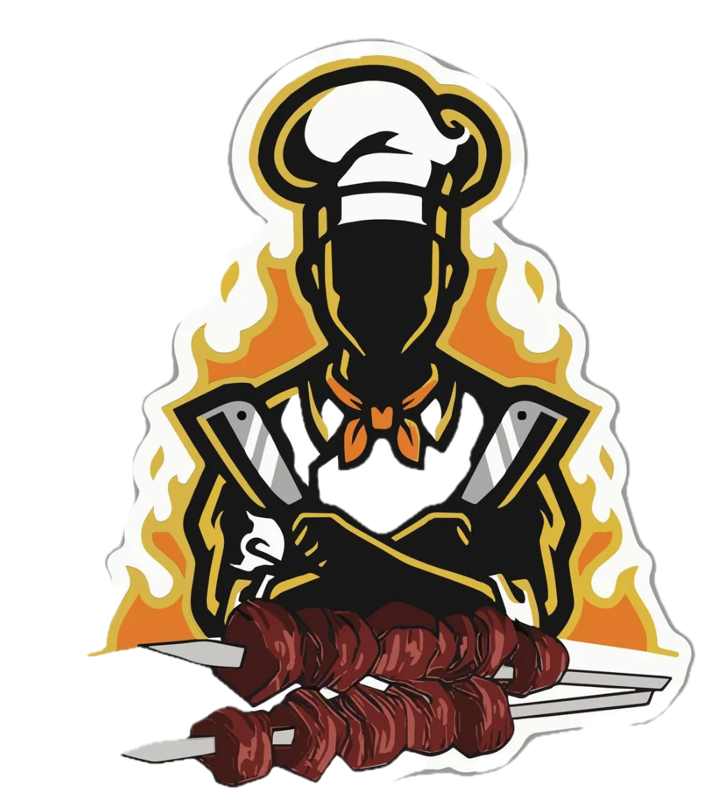 Chef silhouette with skewers over flames, representing barbecue cuisine
