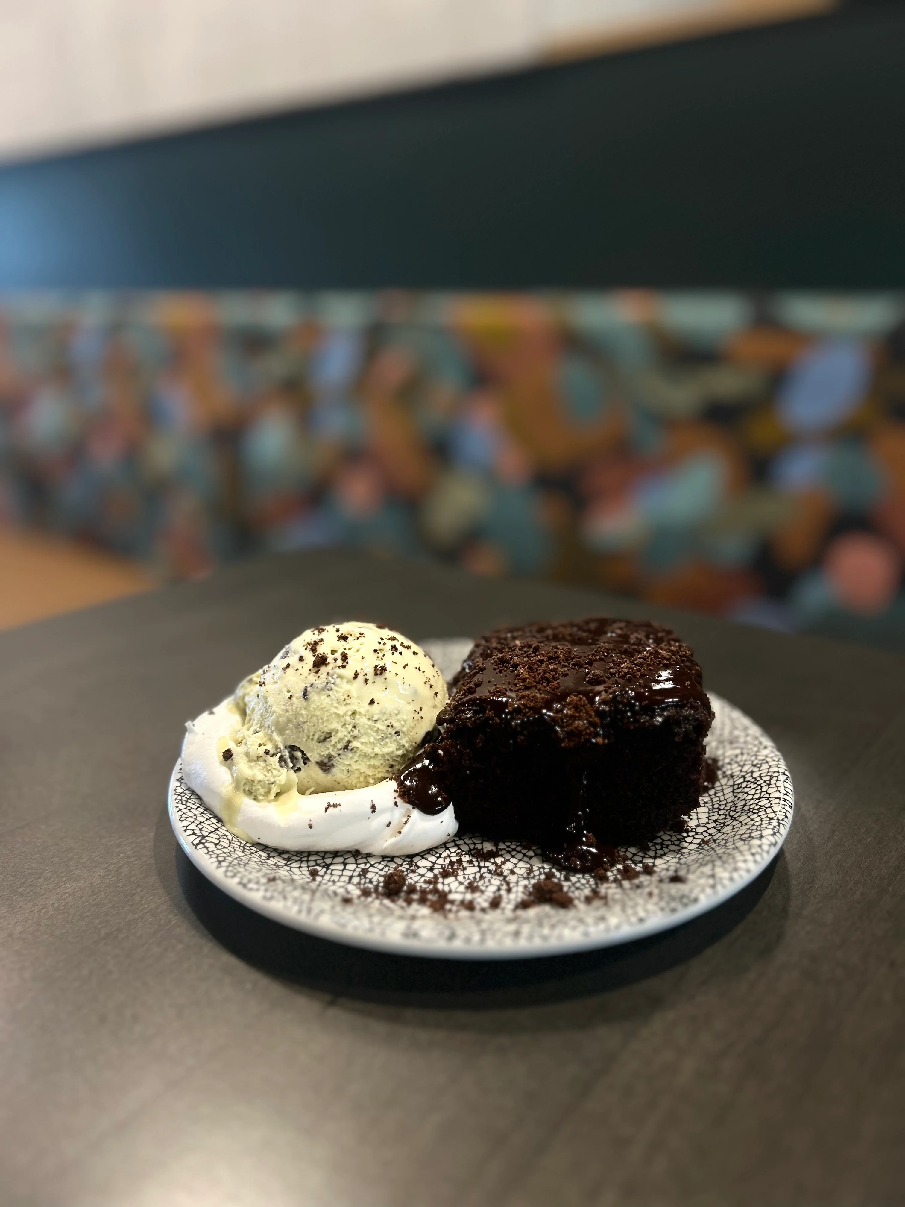Decadent chocolate lava cake with vanilla ice cream
