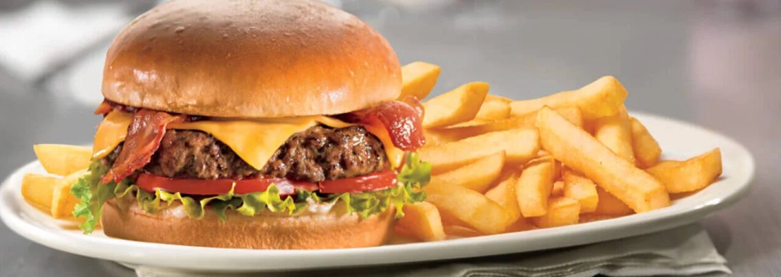 Classic American cheeseburger with fries
