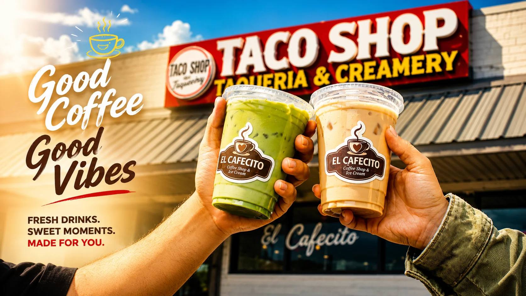 Two iced coffee drinks in front of a taco shop with a sunny sky.