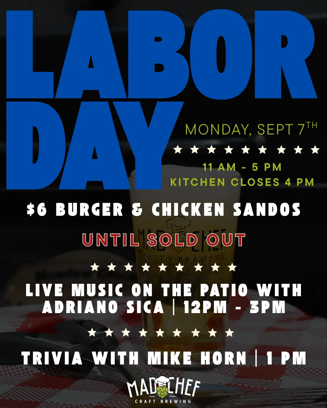 Labor Day event poster with live music and food specials